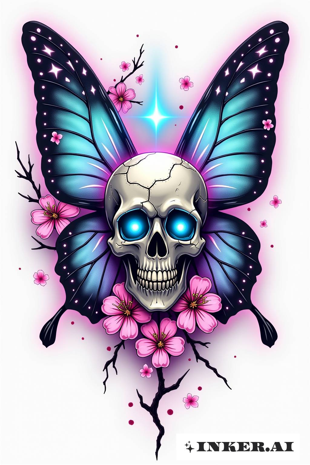 Un llamativo tatuaje en blanco y negro que presenta una calavera detallada entrelazada con delicadas alas de mariposa, ilustrando la fusión de vida y muerte.