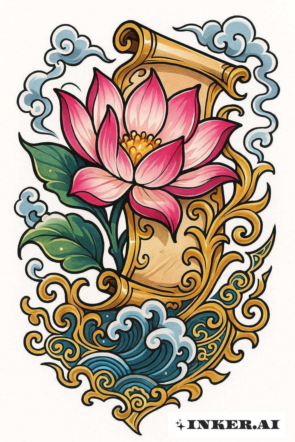 Ancient Chinese Lotus Flower Scroll