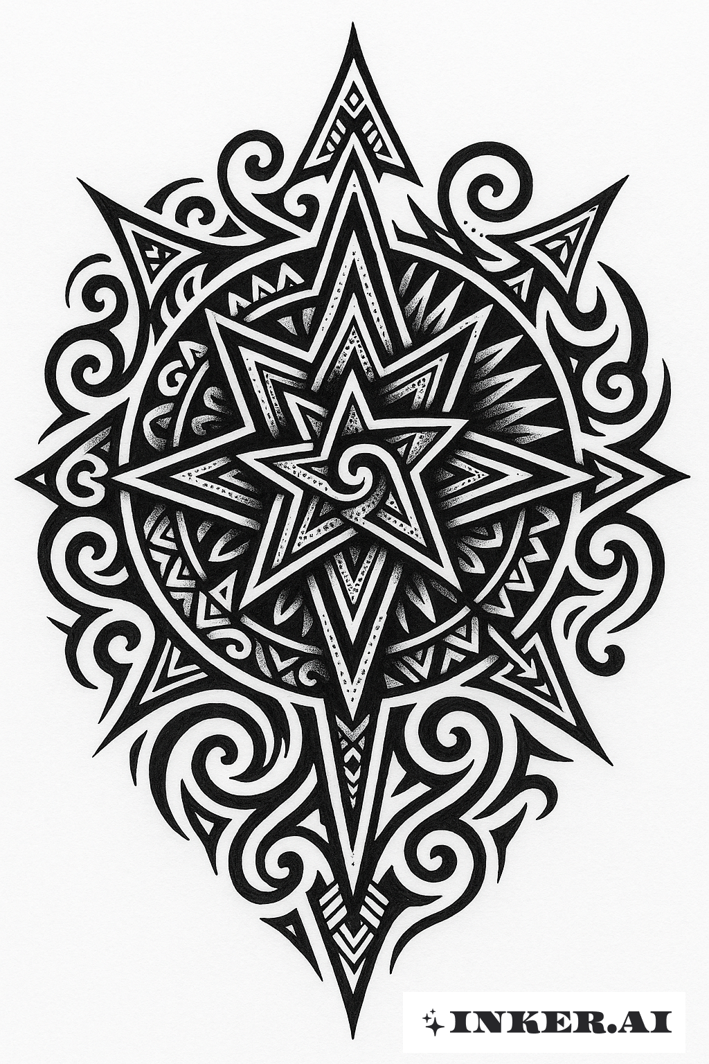 An intricate tribal tattoo design featuring a sun compass with spiral elements forming a star-like pattern.