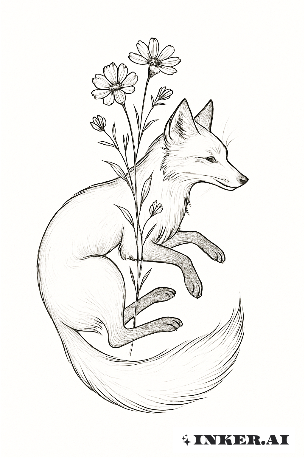 Un renard délicatement enroulé autour de fleurs sauvages