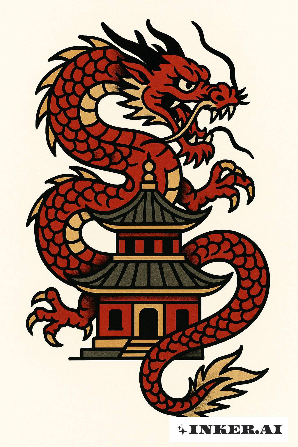 寺院に巻き付く赤い龍