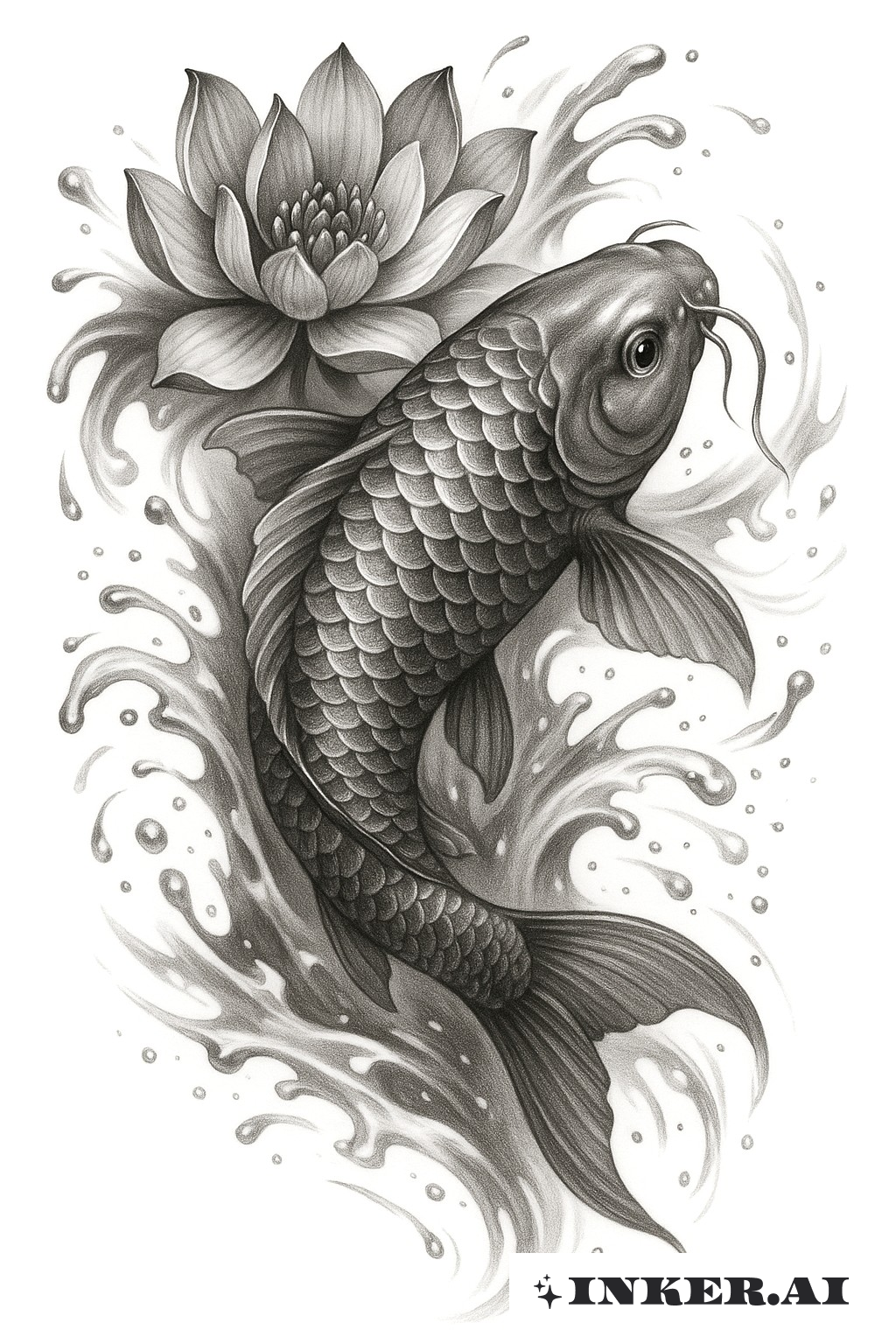 Ein atemberaubendes Tattoo, das einen Koi-Fisch zeigt, der neben einer Lotusblume schwimmt und dabei komplexe Details und lebendige Farben präsentiert.