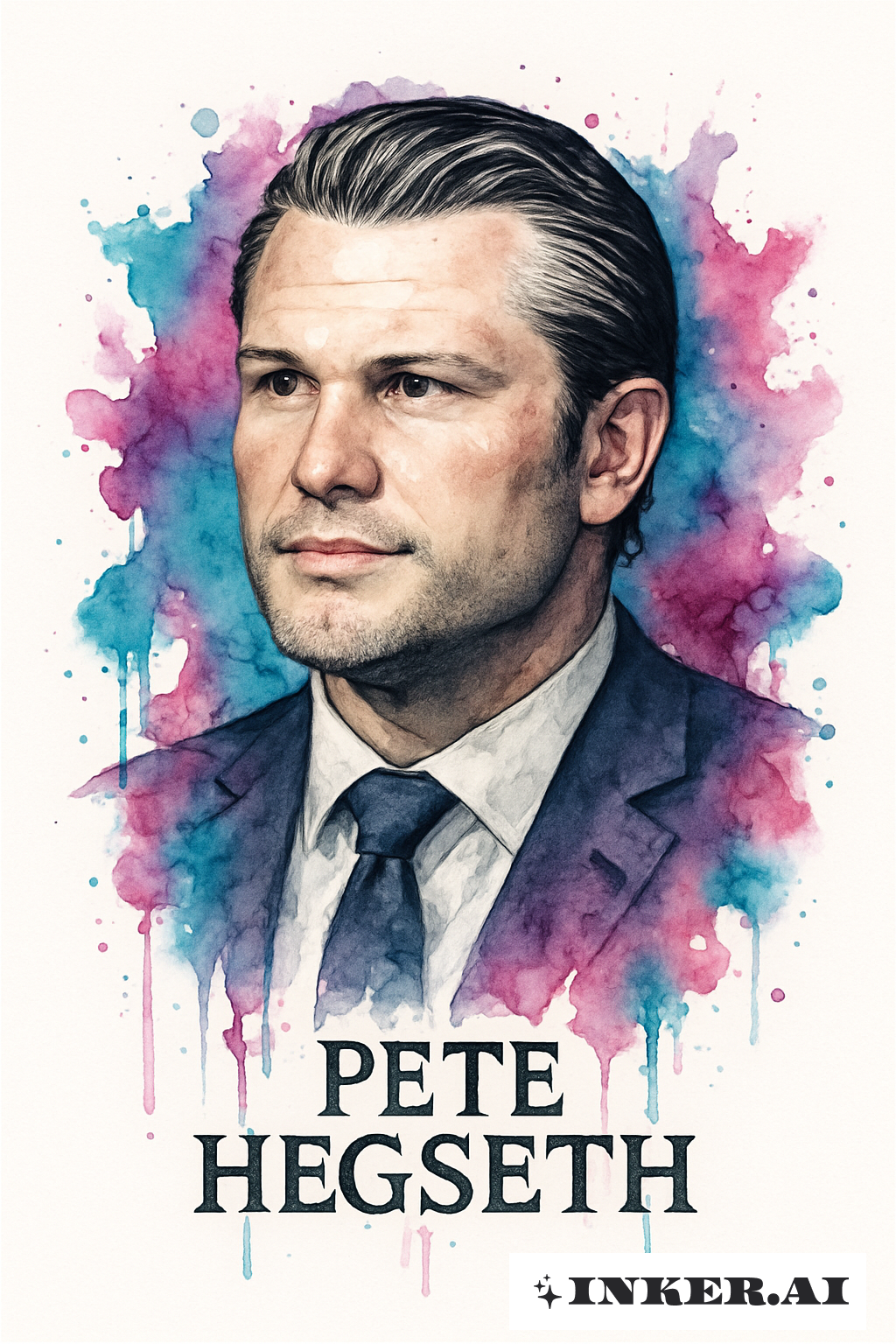 Aquarellspritzer hinter Pete Hegseth