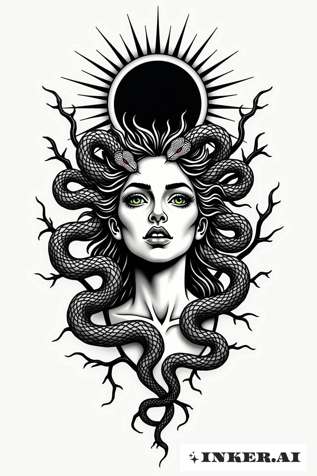 Ein detailliertes Medusa-Tattoo mit verschlungenen Dornen und einer Sonnenfinsternis, die über ihrem Kopf aufragt.