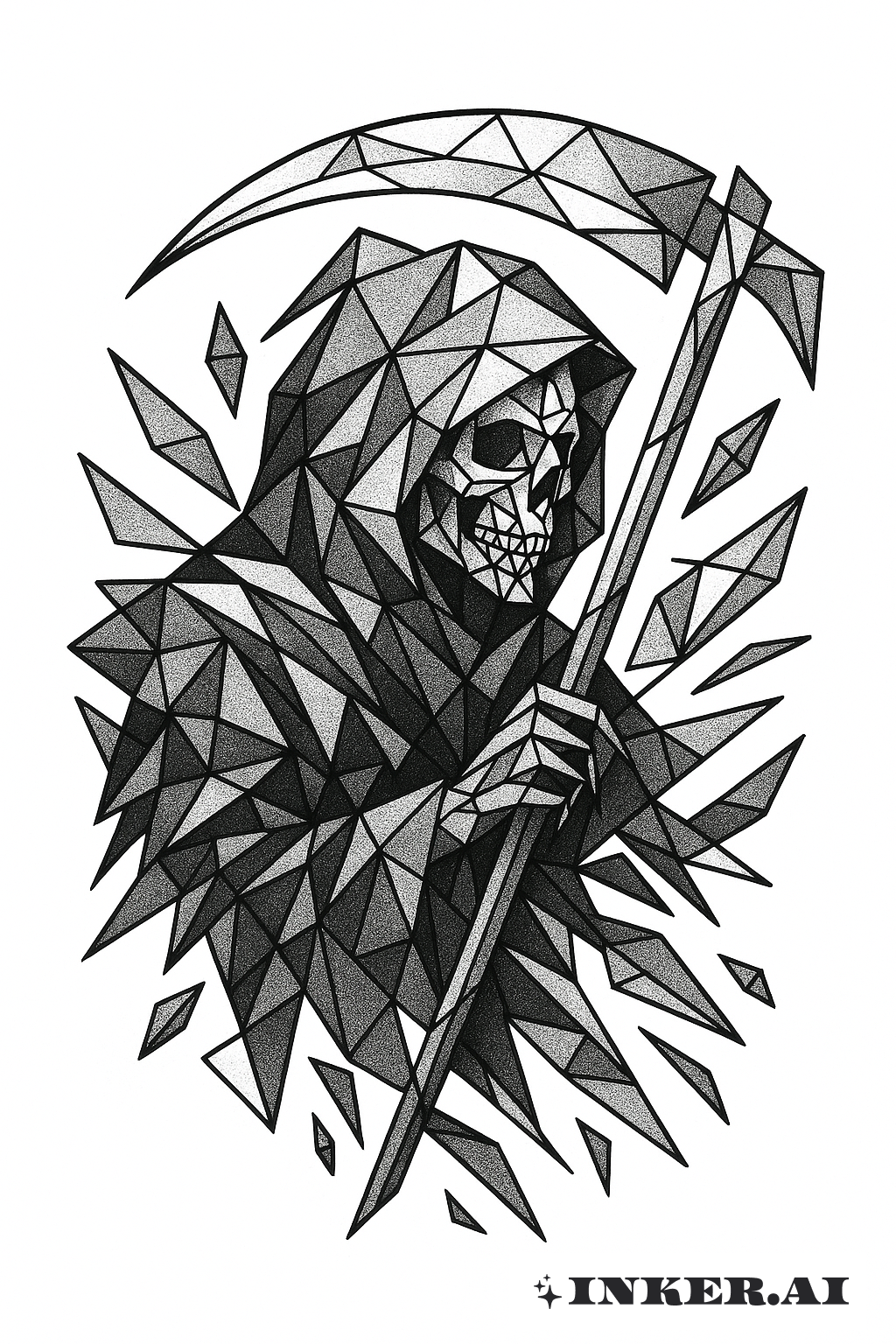 Fragmentierter Sensenmann mit geometrischen Scherben