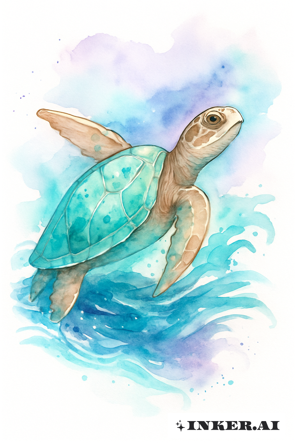 Tortue de mer émergeant d'un océan aquarelle