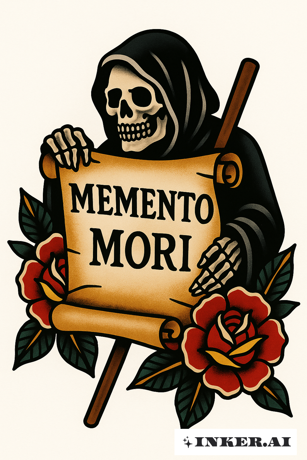 Sensenmann mit einem Memento Mori Schriftrolle