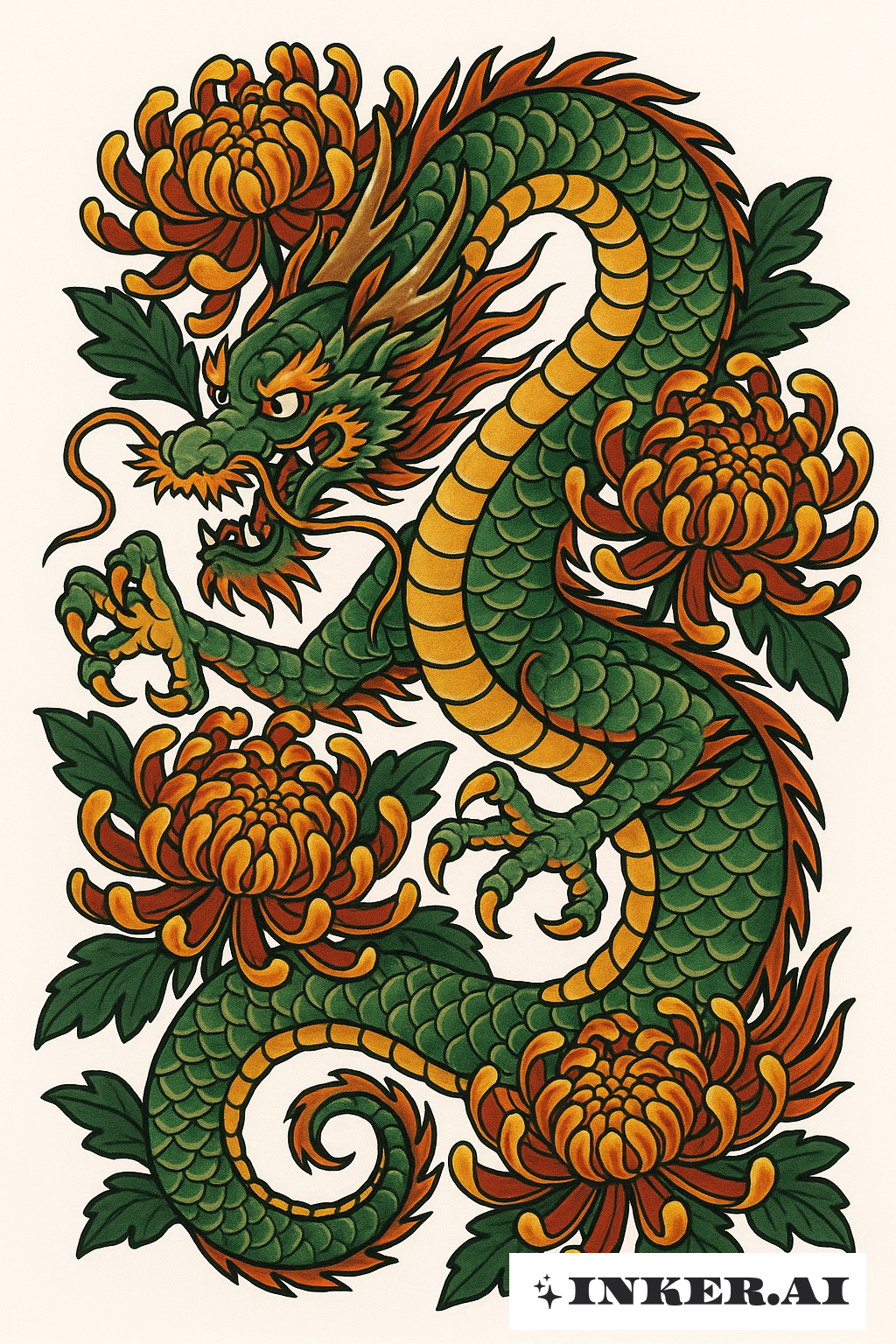 盤繞的日本龍與菊花