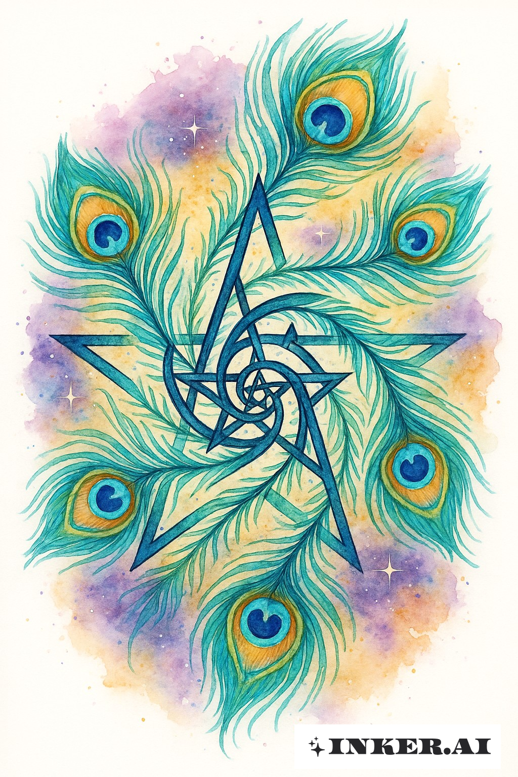 An intricate tattoo design featuring a vibrant, colorful peacock feather with a spiral star pattern at its core, creating a halo effect on the skin.