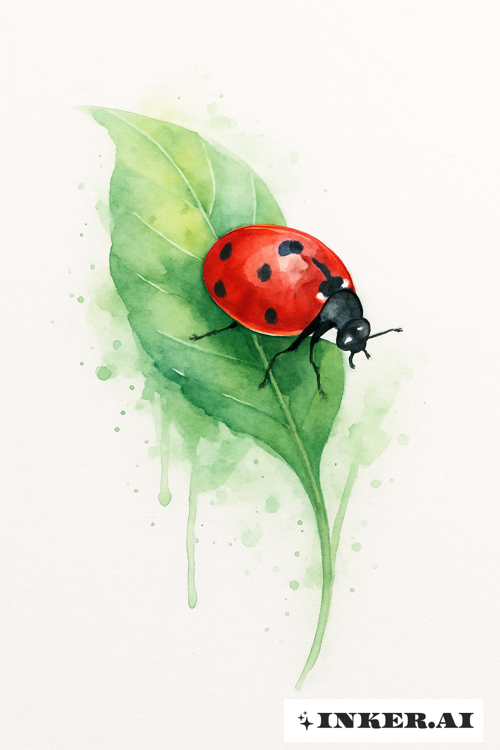 Joaninha em Uma Folha Verde Pintada em Aquarela