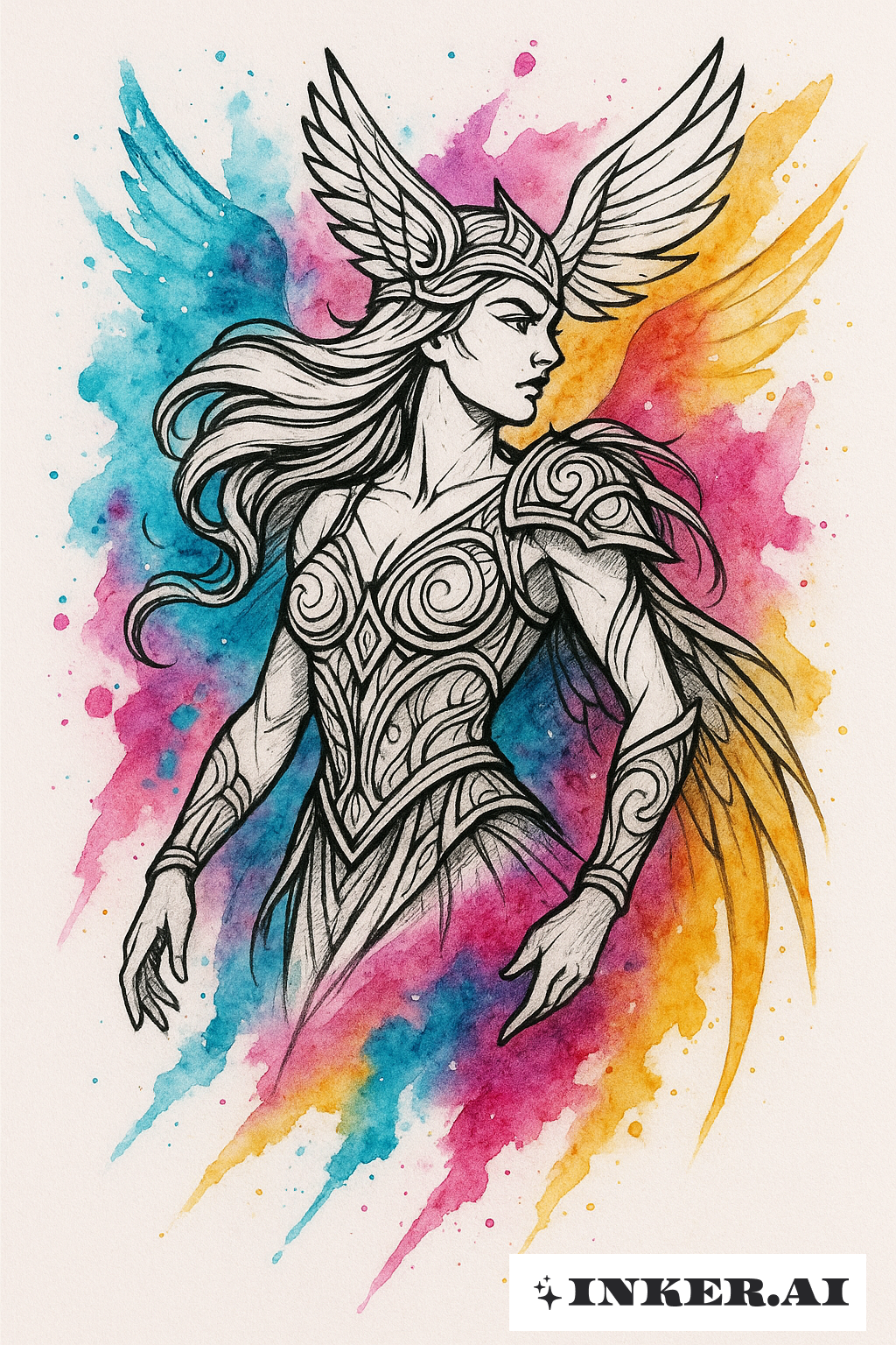 Ink-Lined Valkyrie With Color Splatters