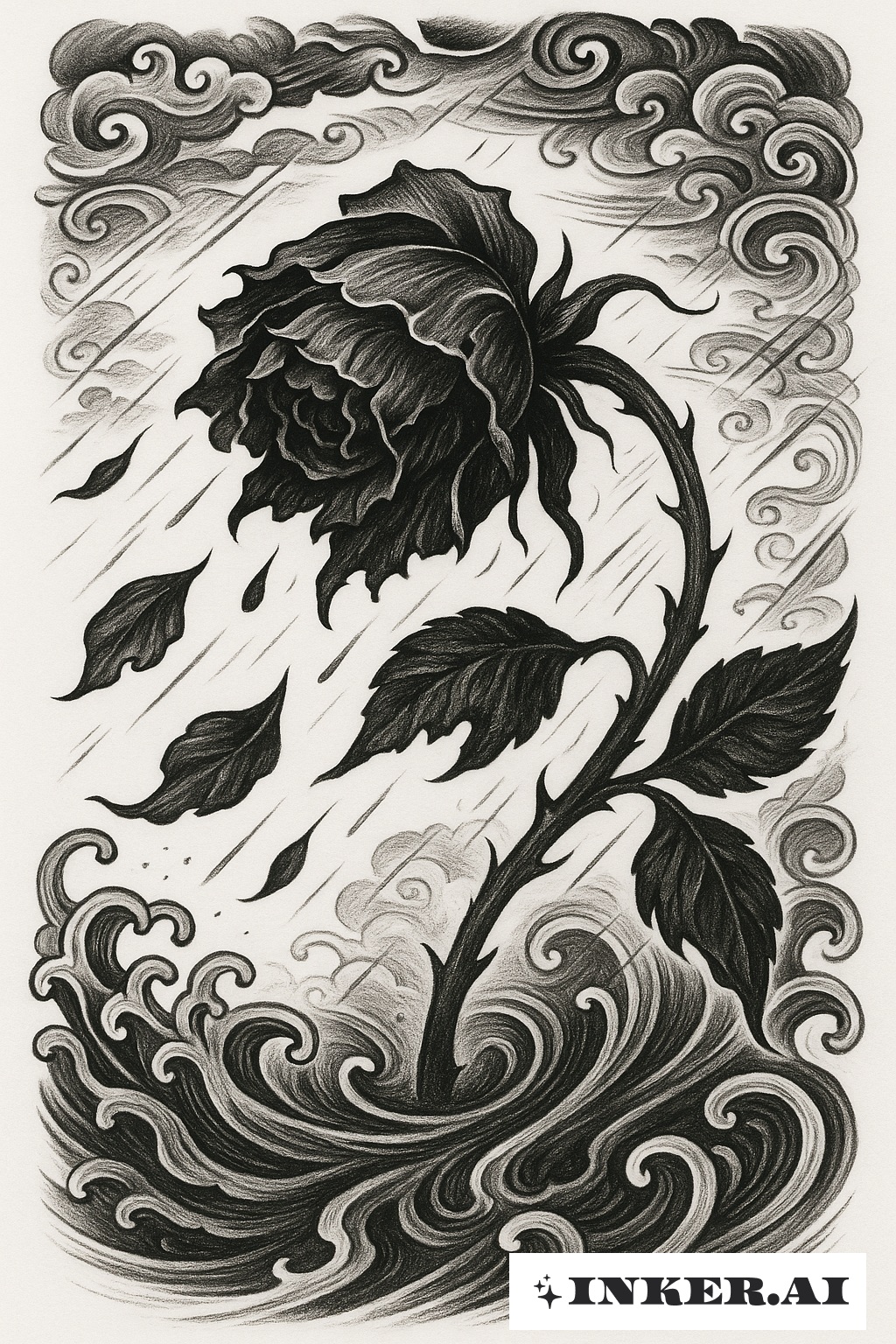 Wilting Black Rose In A Storm