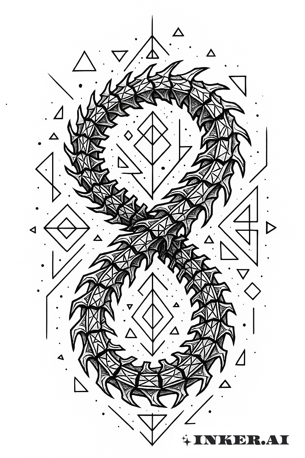 Ein geometrisches Tattoo von Schlangenwirbeln, die kunstvoll verflochten sind, um das Unendlichkeitssymbol zu bilden, mit kräftigen schwarzen Linien und subtilen Schattierungen.