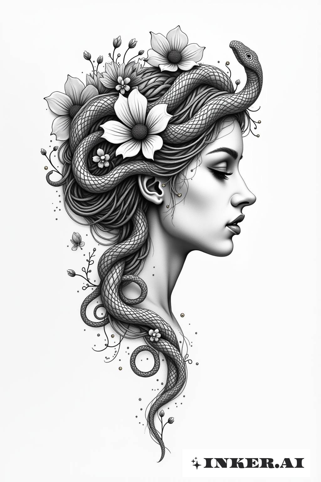 Un delicado tatuaje de línea fina que representa a Medusa con patrones entrelazados de flores y serpientes, fusionando mitología y naturaleza en una pieza elegante.