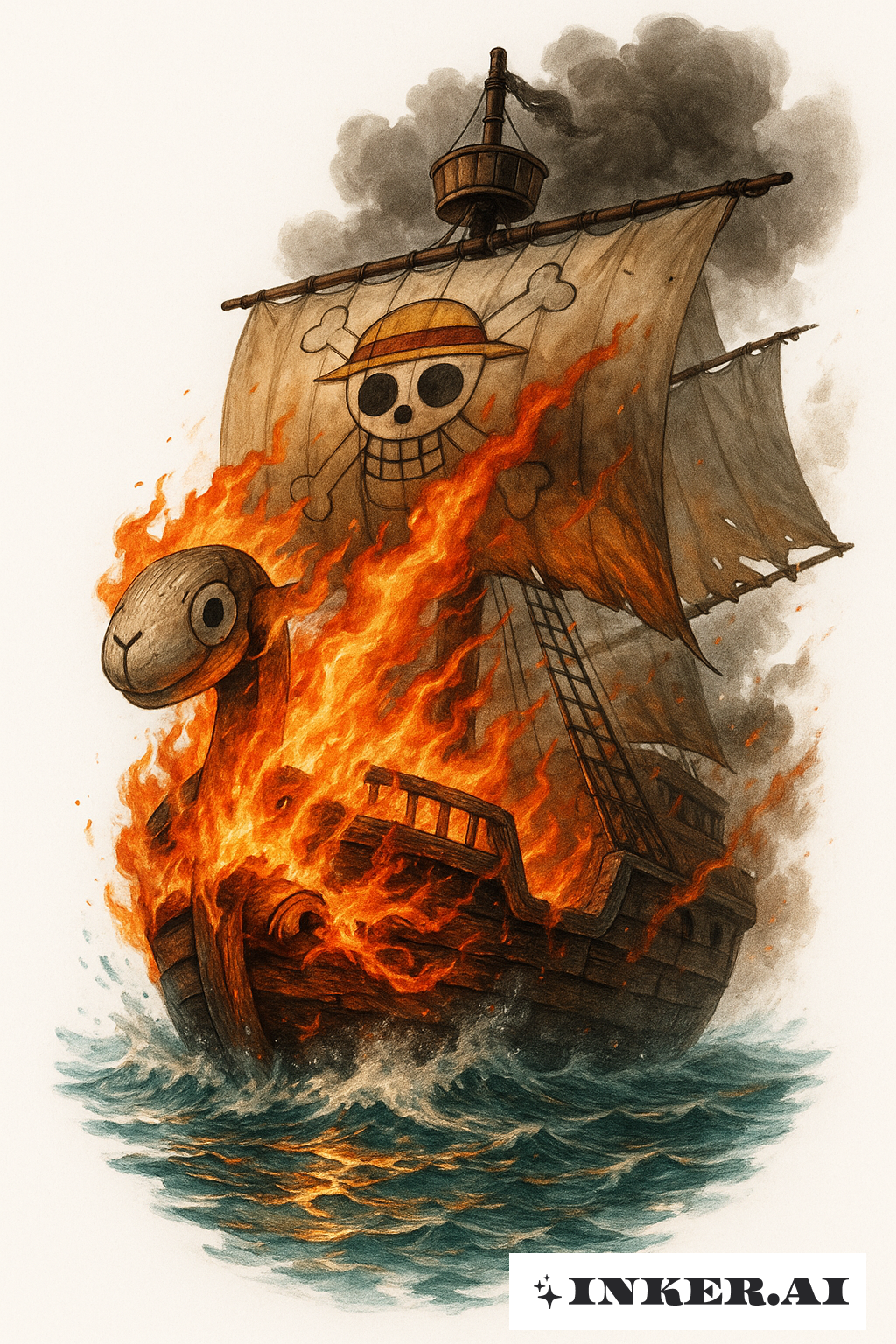 海上で燃えるゴーイングメリー号