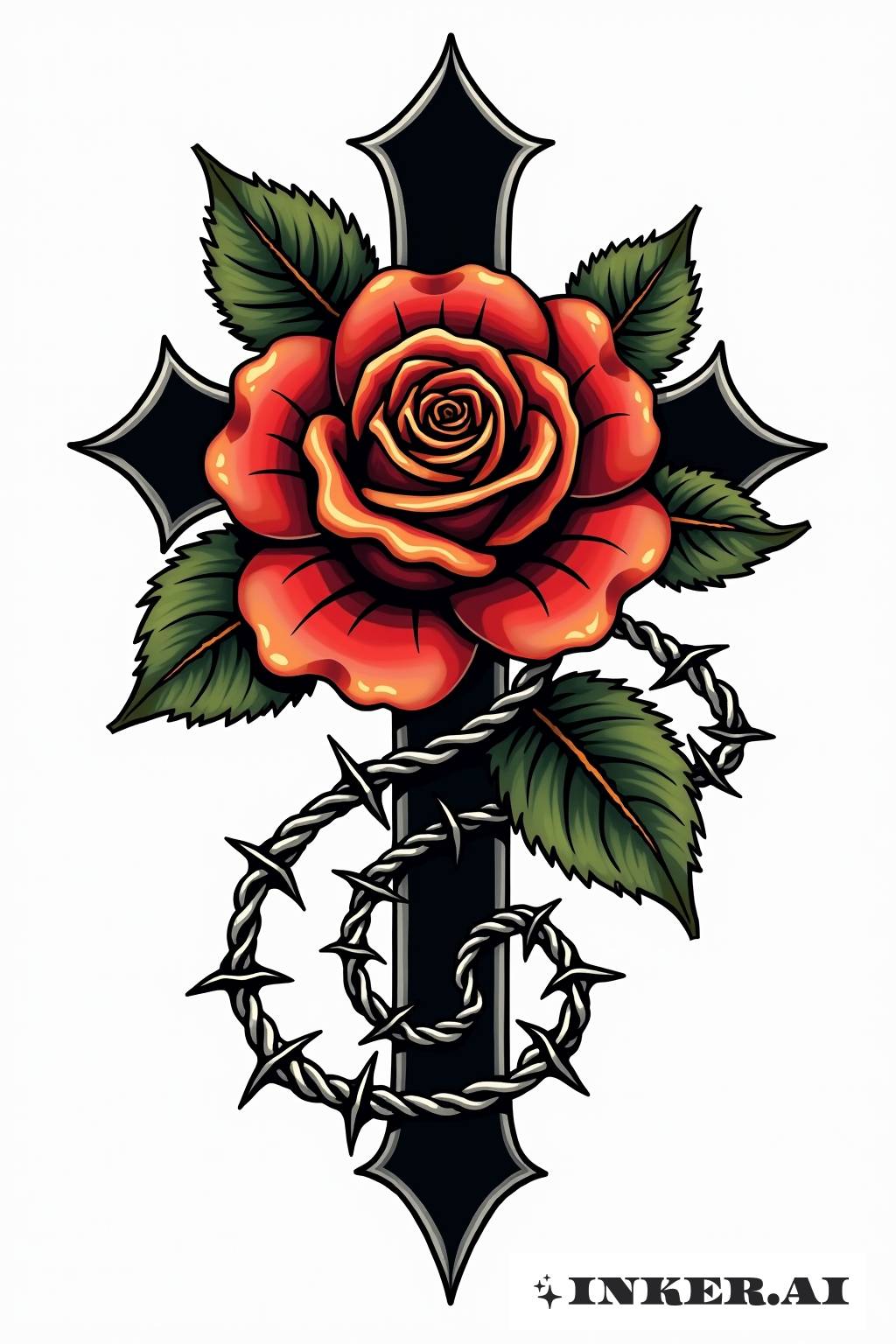 Um design vibrante de tatuagem com uma cruz impressionante adornada com uma rosa florescente no centro, cercada por arame farpado que ressalta o motivo robusto porém belo.