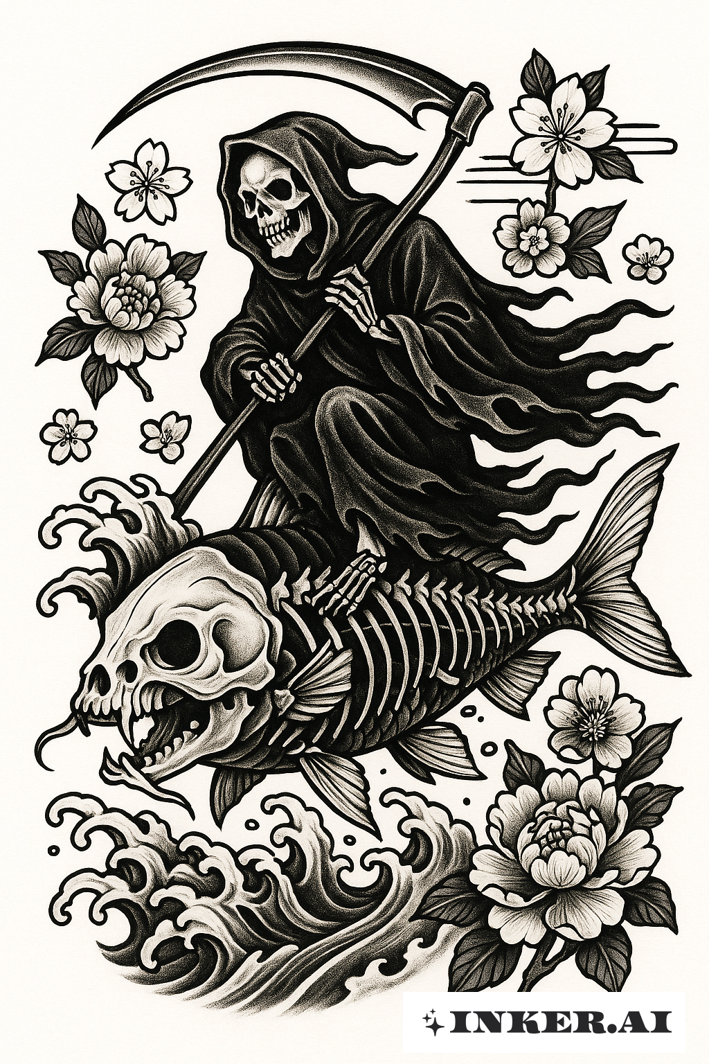 Der Sensenmann reitet auf einem skelettierten Koi-Fisch