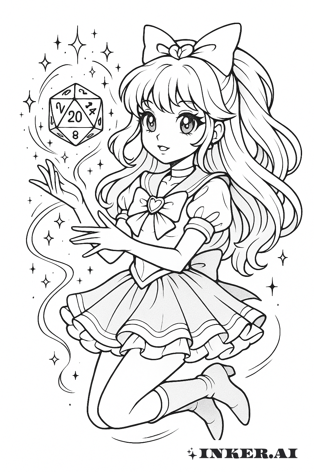 Magical Girl Casting a Spell with a D20 Dice