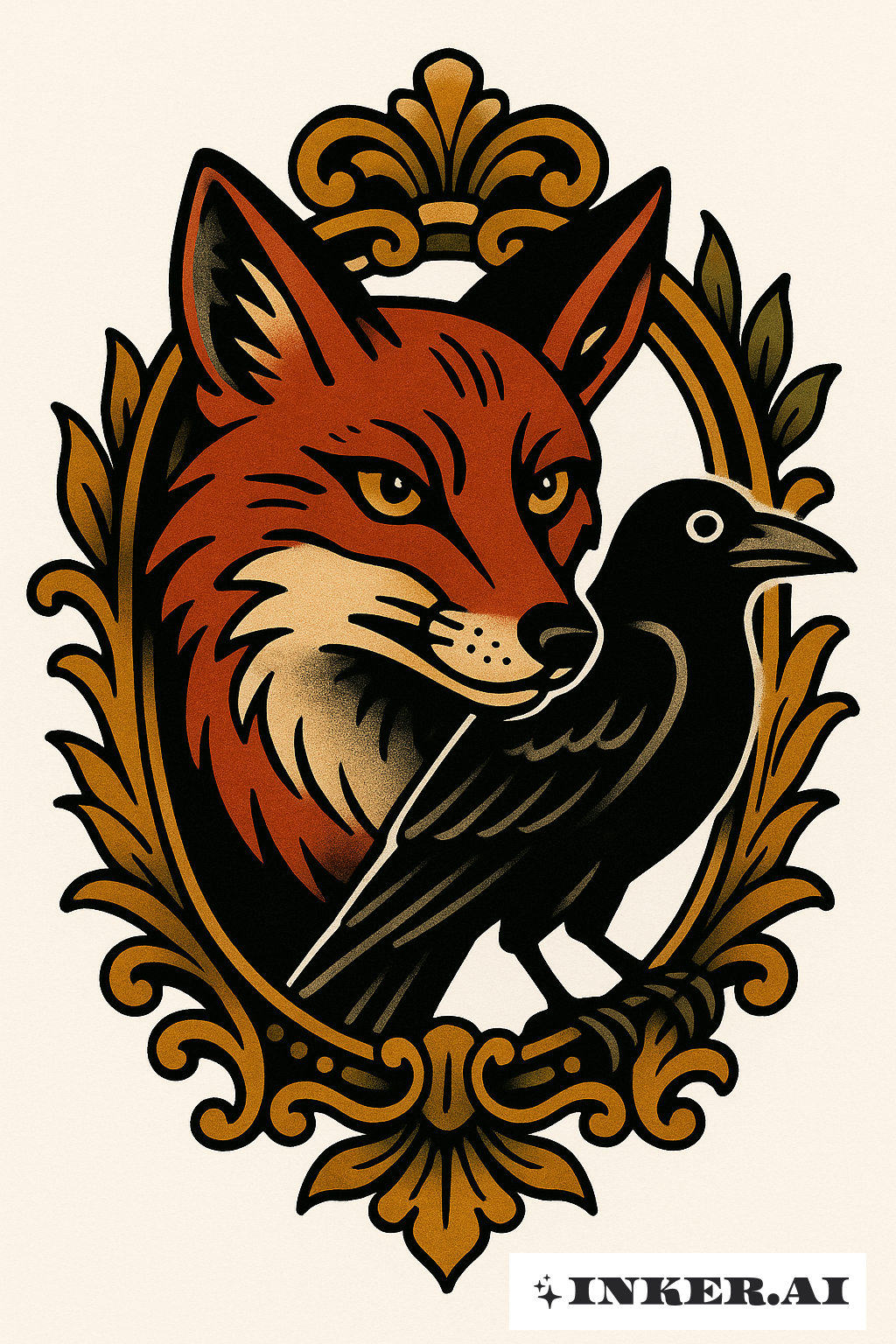 Renard et Corbeau Américain Traditionnel dans un Cadre