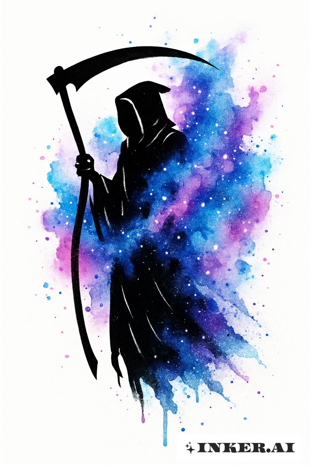 Sensenmann-Silhouette Mit Einem Wasserfarben-Galaxiespritzer