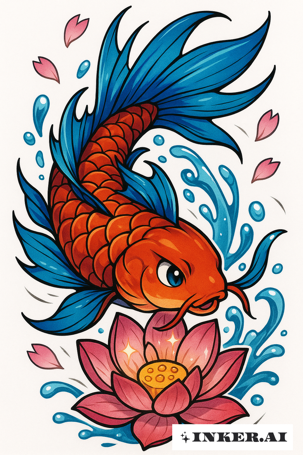 Una carpa koi estilizada nadando alrededor de una flor de loto con detalles inspirados en el anime y colores vibrantes.