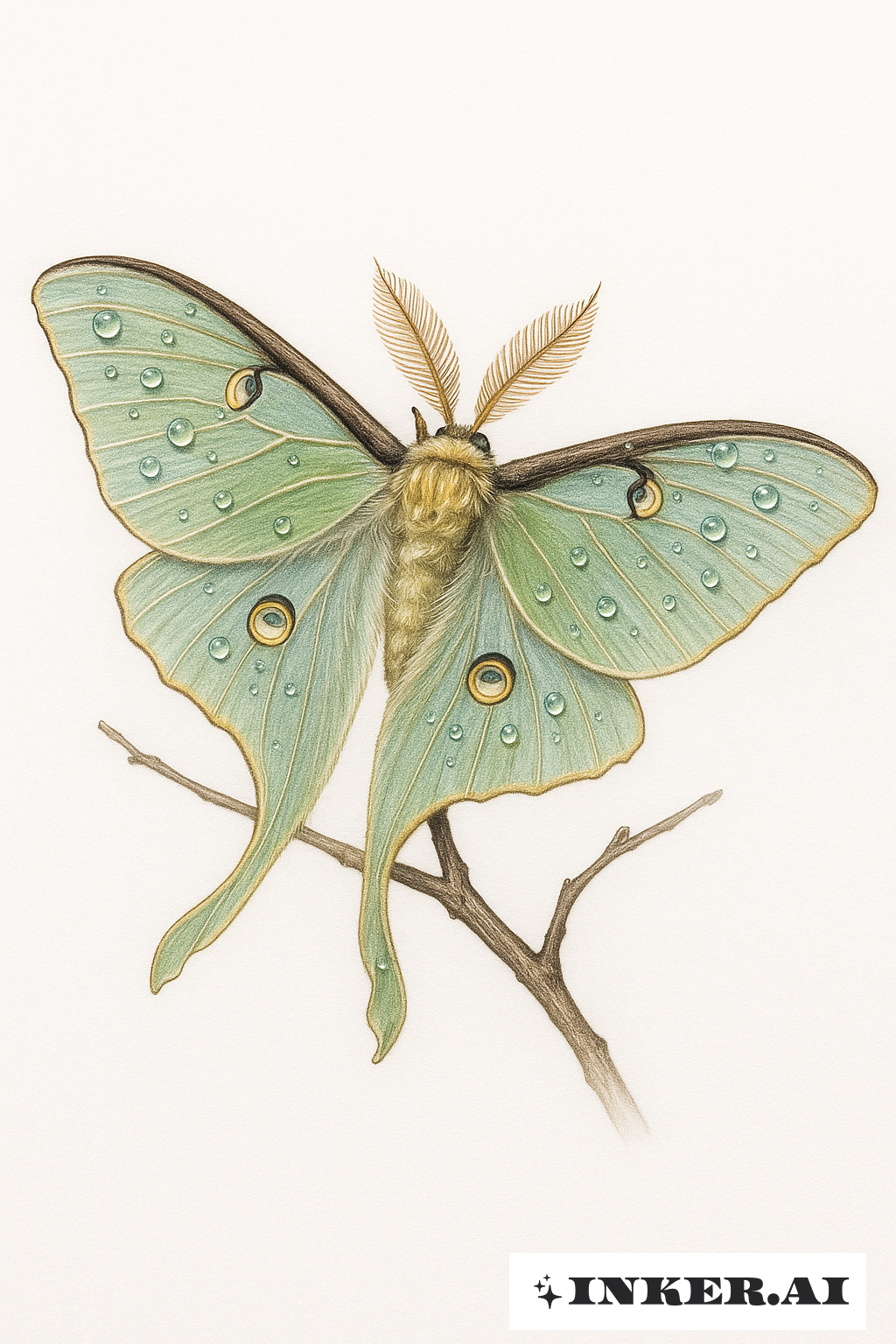 Luna Moth With Glistening Dew Drops