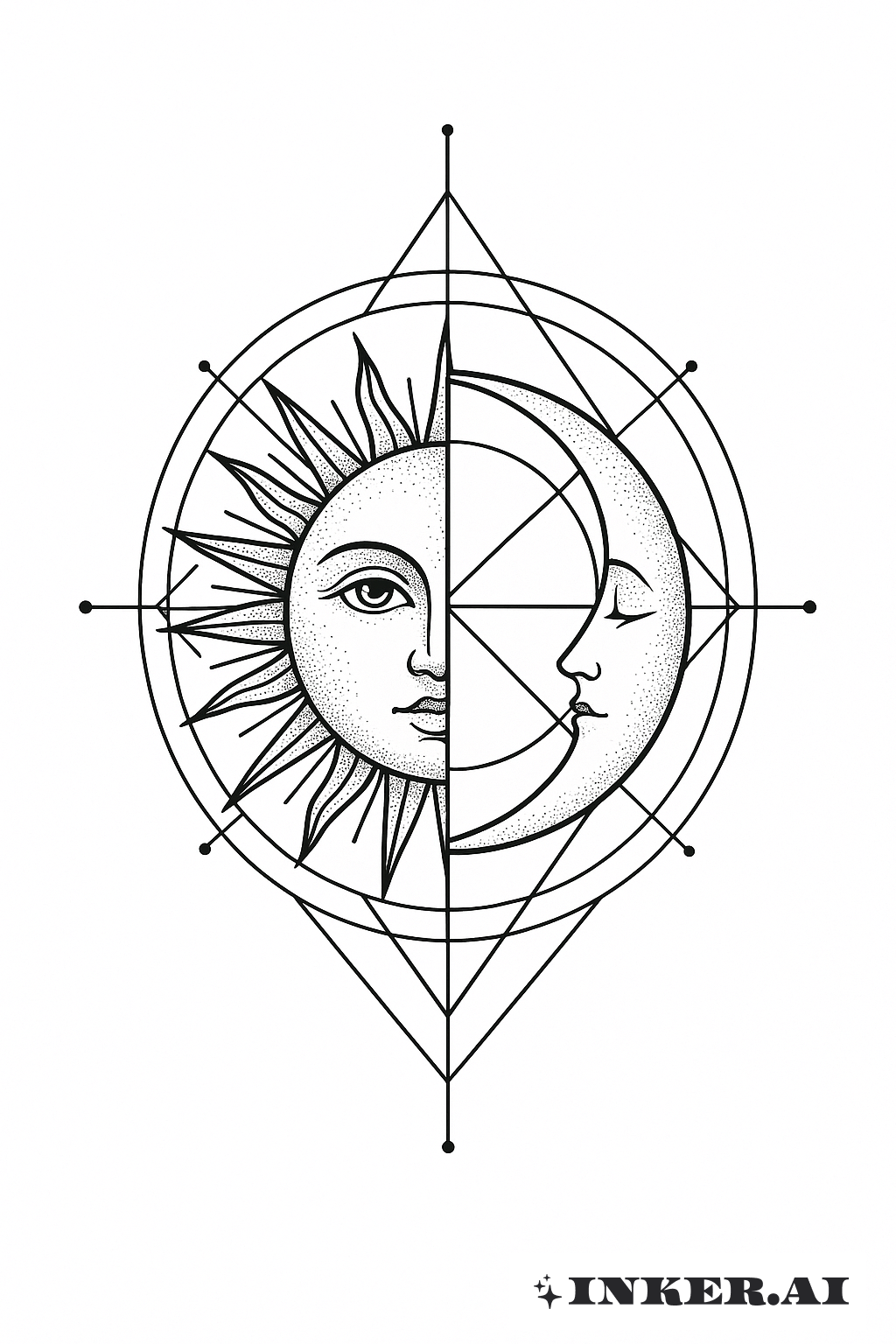 幾何学的な枠の中の半分の太陽と月