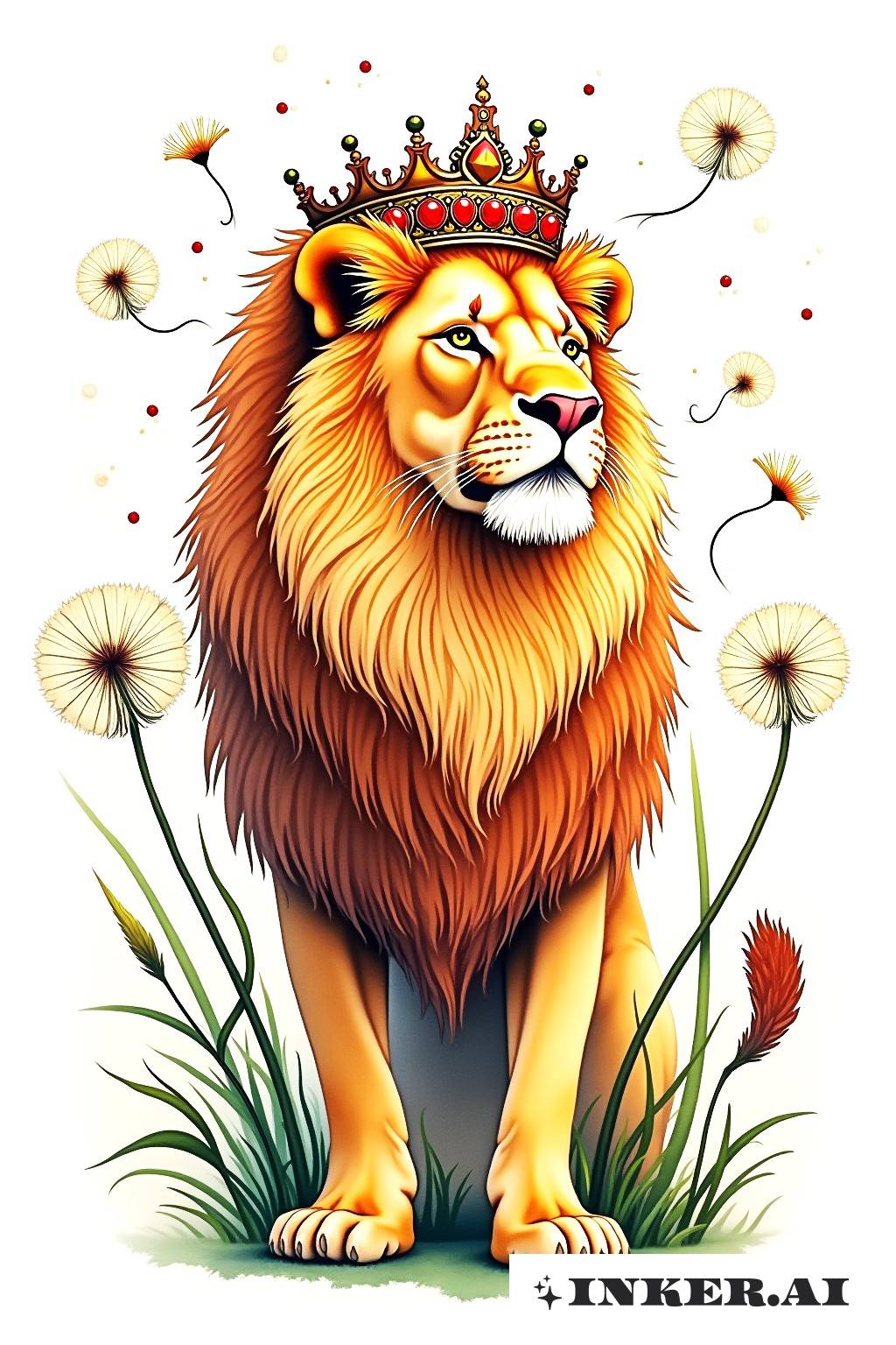 Un majestuoso león adornado con una corona se encuentra frente a un animado fondo de semillas de diente de león flotando en una suave brisa.