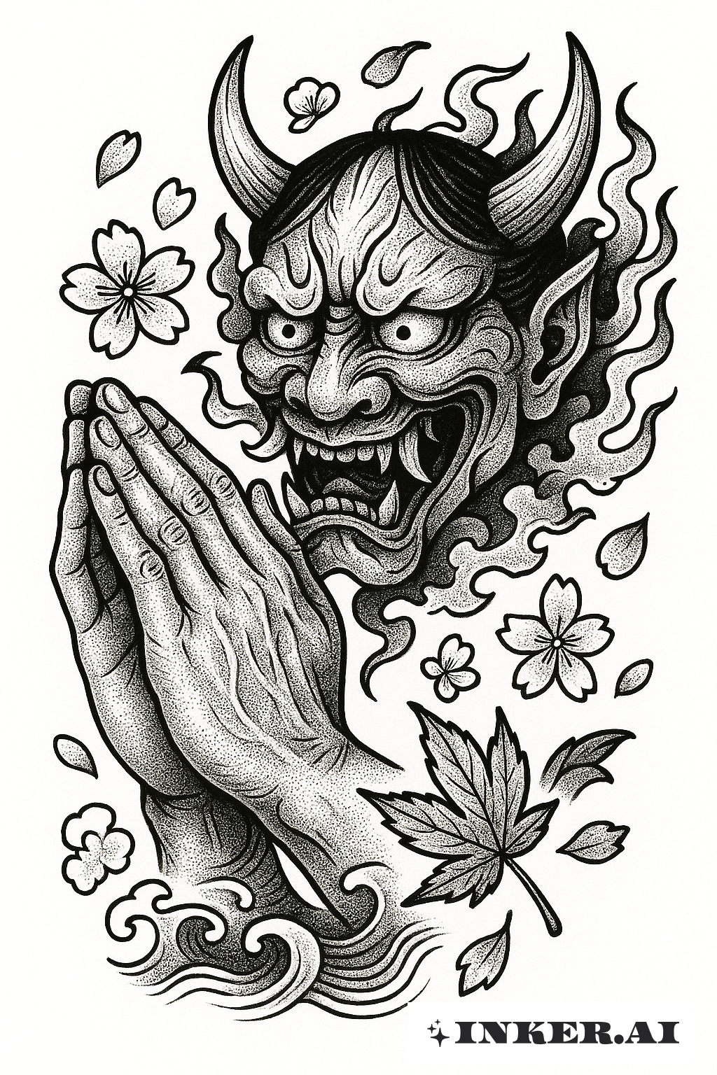 Praying Hands before an Oni Mask
