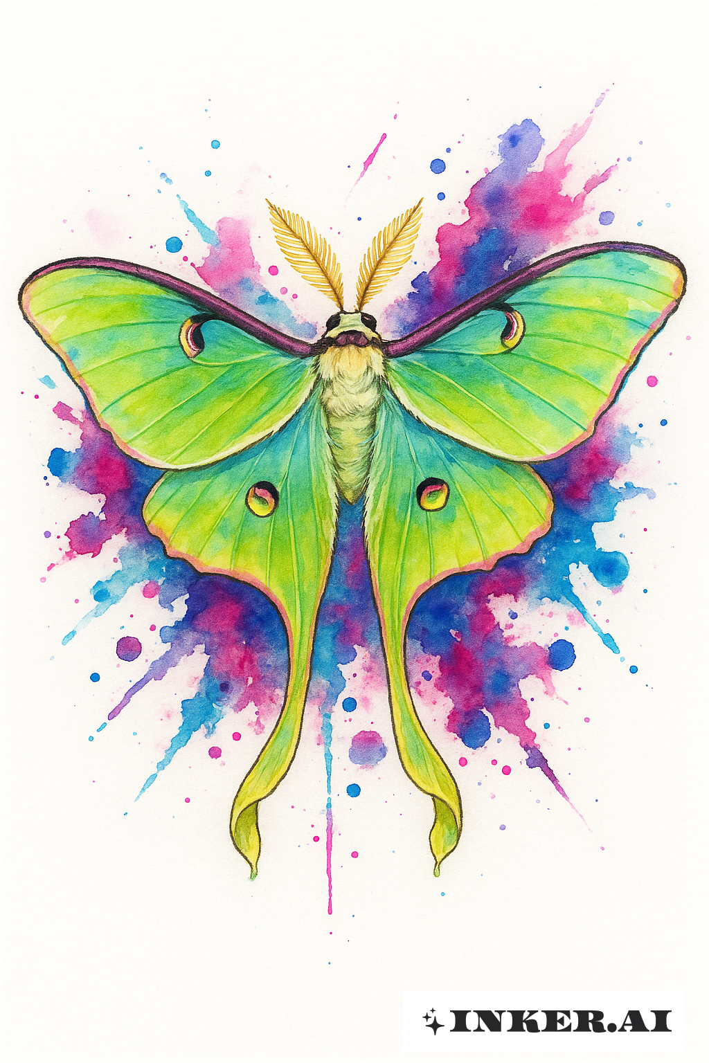 Vibrant Luna Moth With Paint Splatters