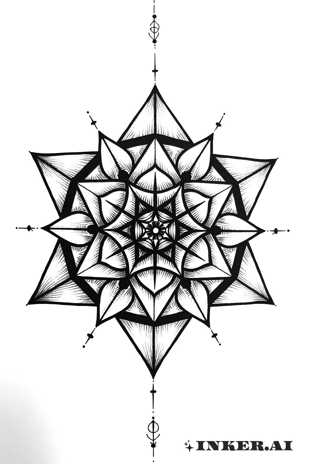 A geometric rose mandala tattoo featuring intricate patterns, a central rose, and circular designs.