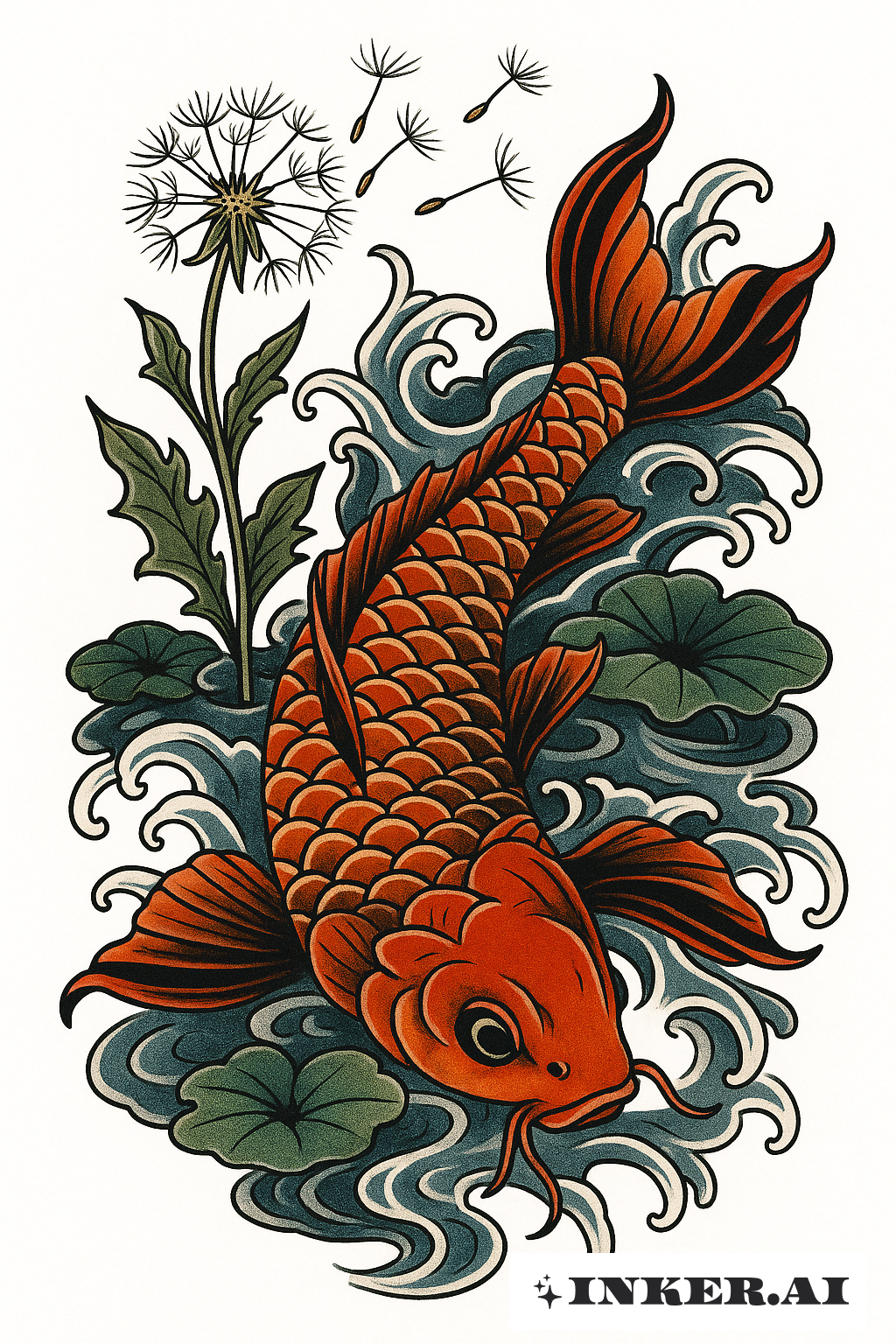 Dente de Leão e Peixe Koi em um Lago