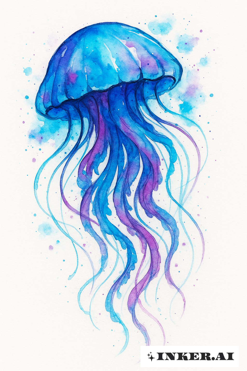 Méduse Éclaboussure Aquarelle Bleu et Violet