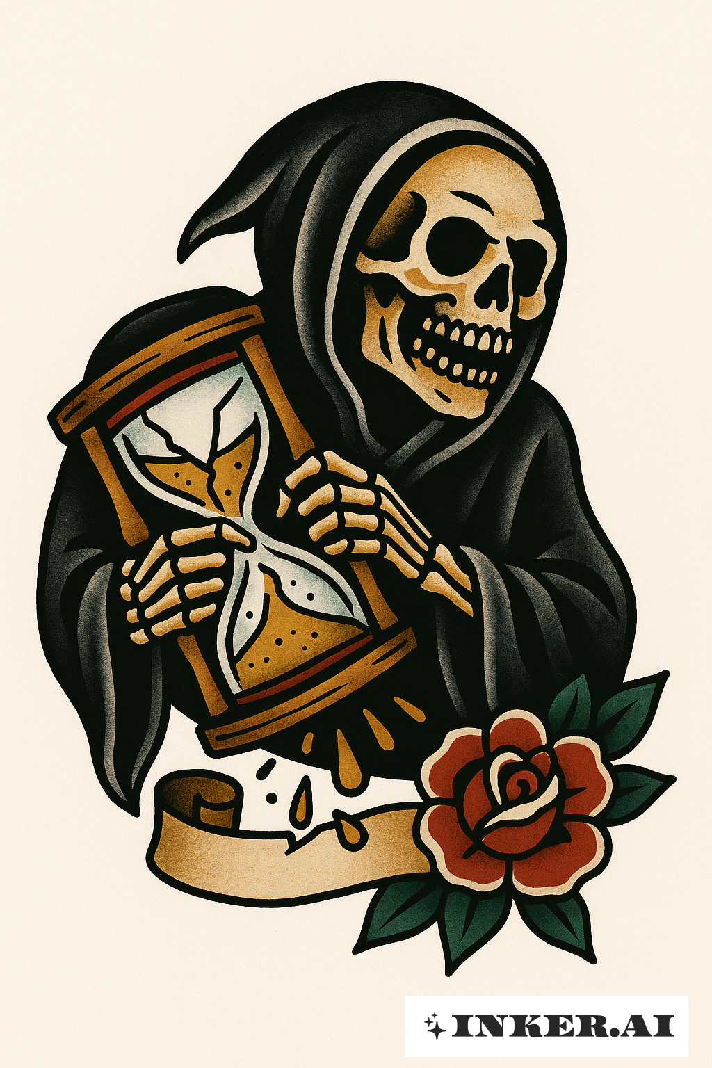 Sensenmann mit einer zerbrochenen Sanduhr