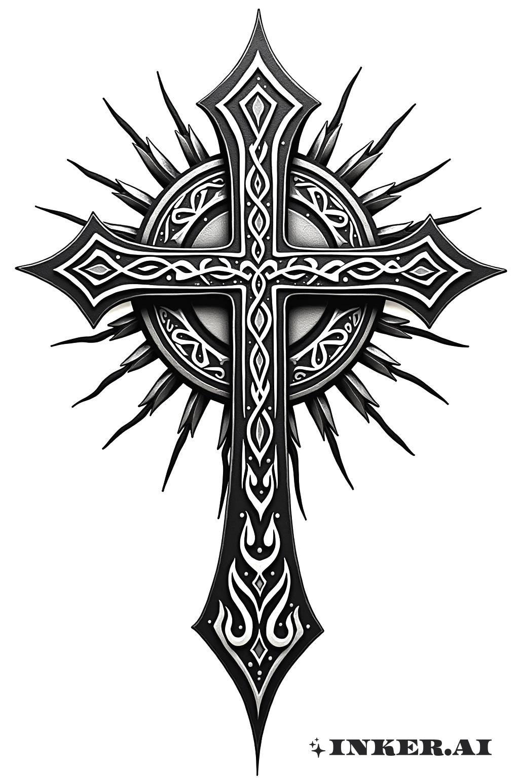 El tatuaje presenta una cruz audaz integrada con intrincados diseños de sol tribal, mostrando simetría y detallado trabajo de líneas en la piel.