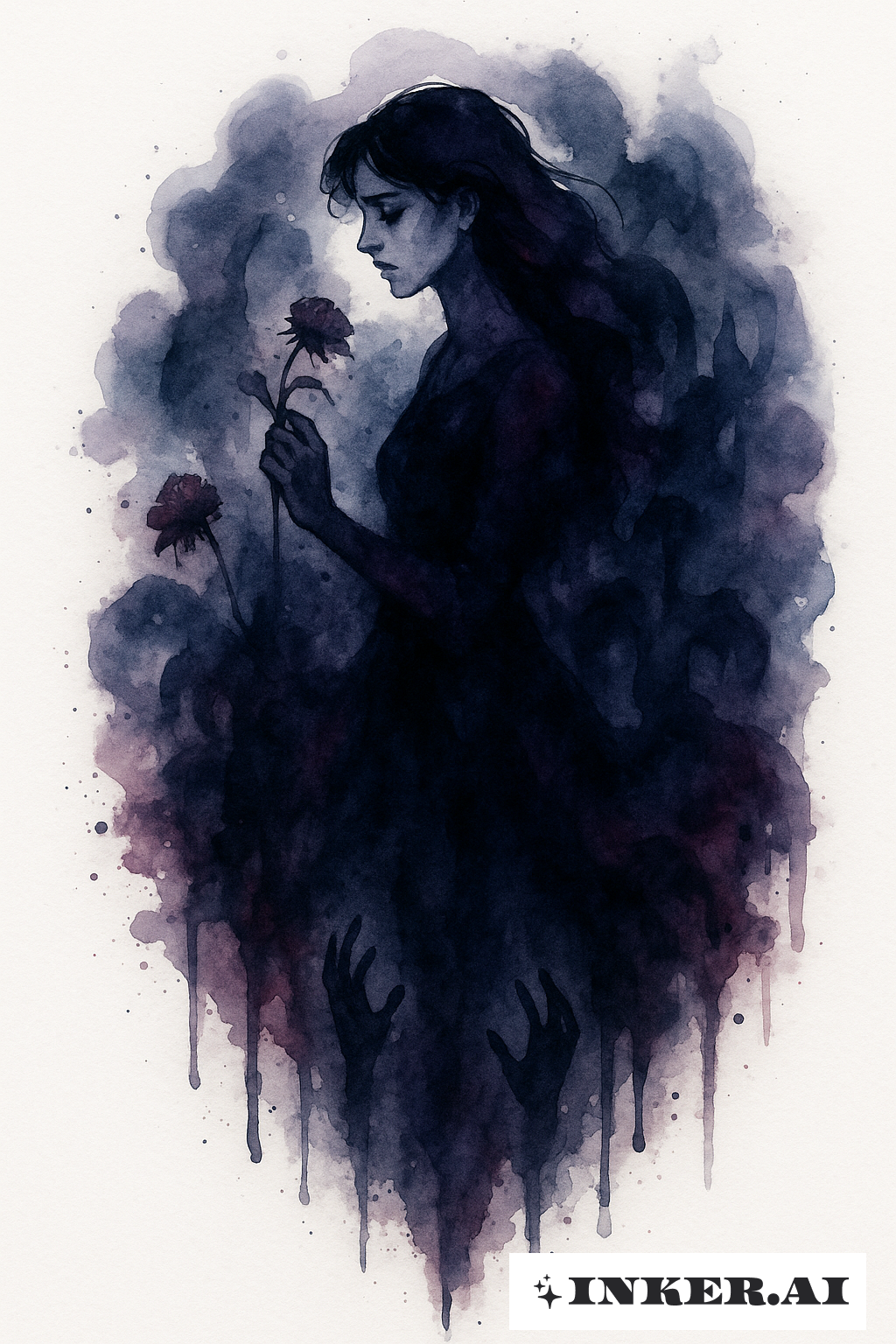 A Dark Watercolor Bleed Of Persephone's Descent