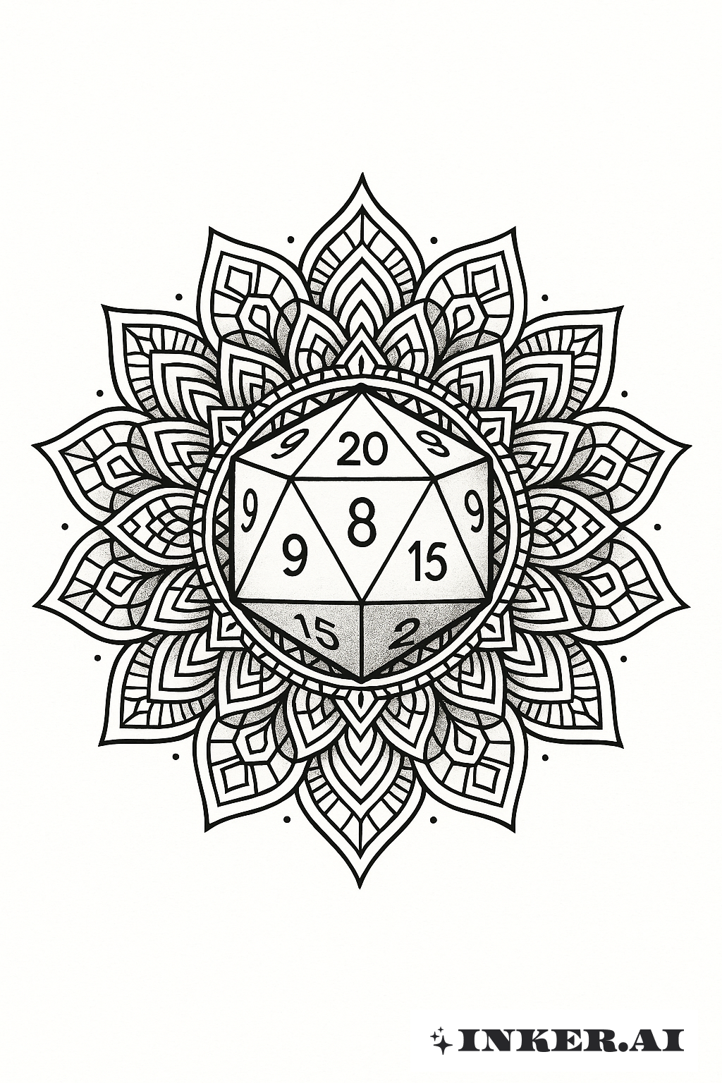 A D20 Dice at the Center of a Mandala