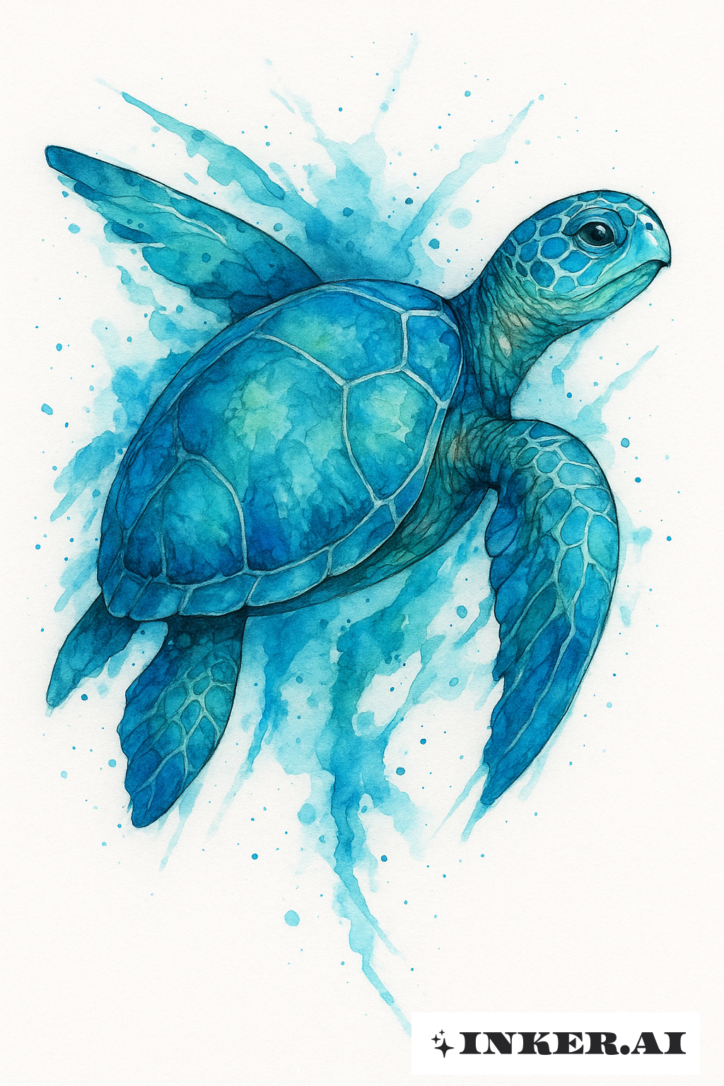 Tortue de Mer Abstraite Bleue et Verte en Aquarelle