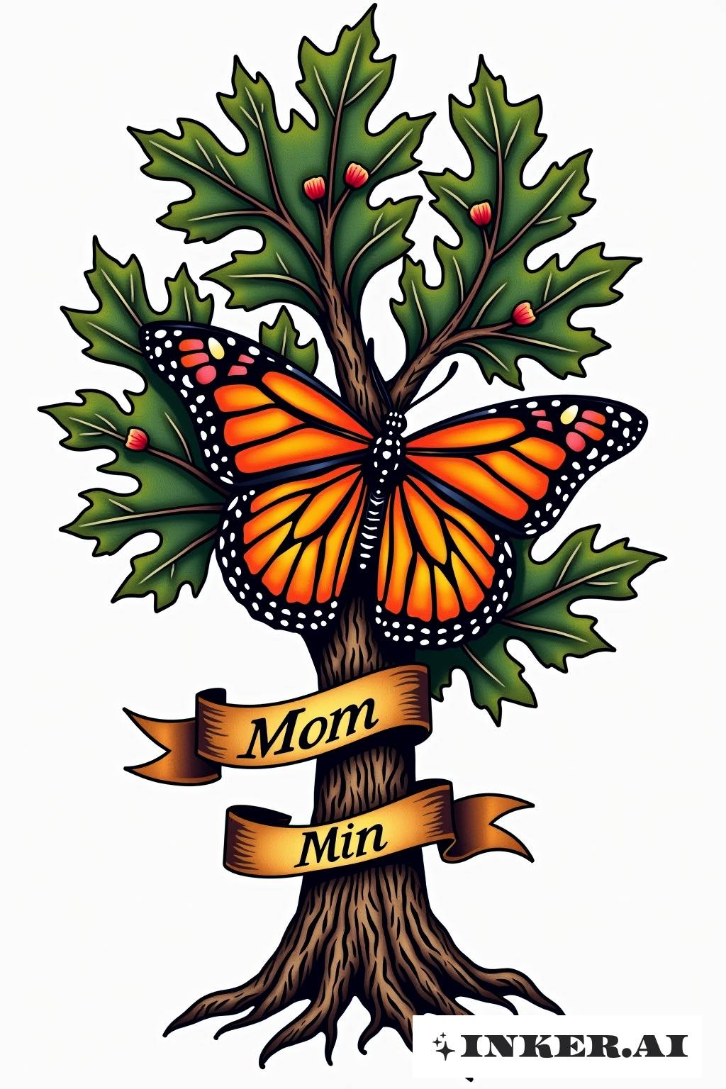 Ein lebhaftes amerikanisches traditionelles Tattoo, das einen Schmetterling zeigt, der mit den Ästen einer Eiche verschmilzt, mit kräftigen Farben und markanten Umrissen.