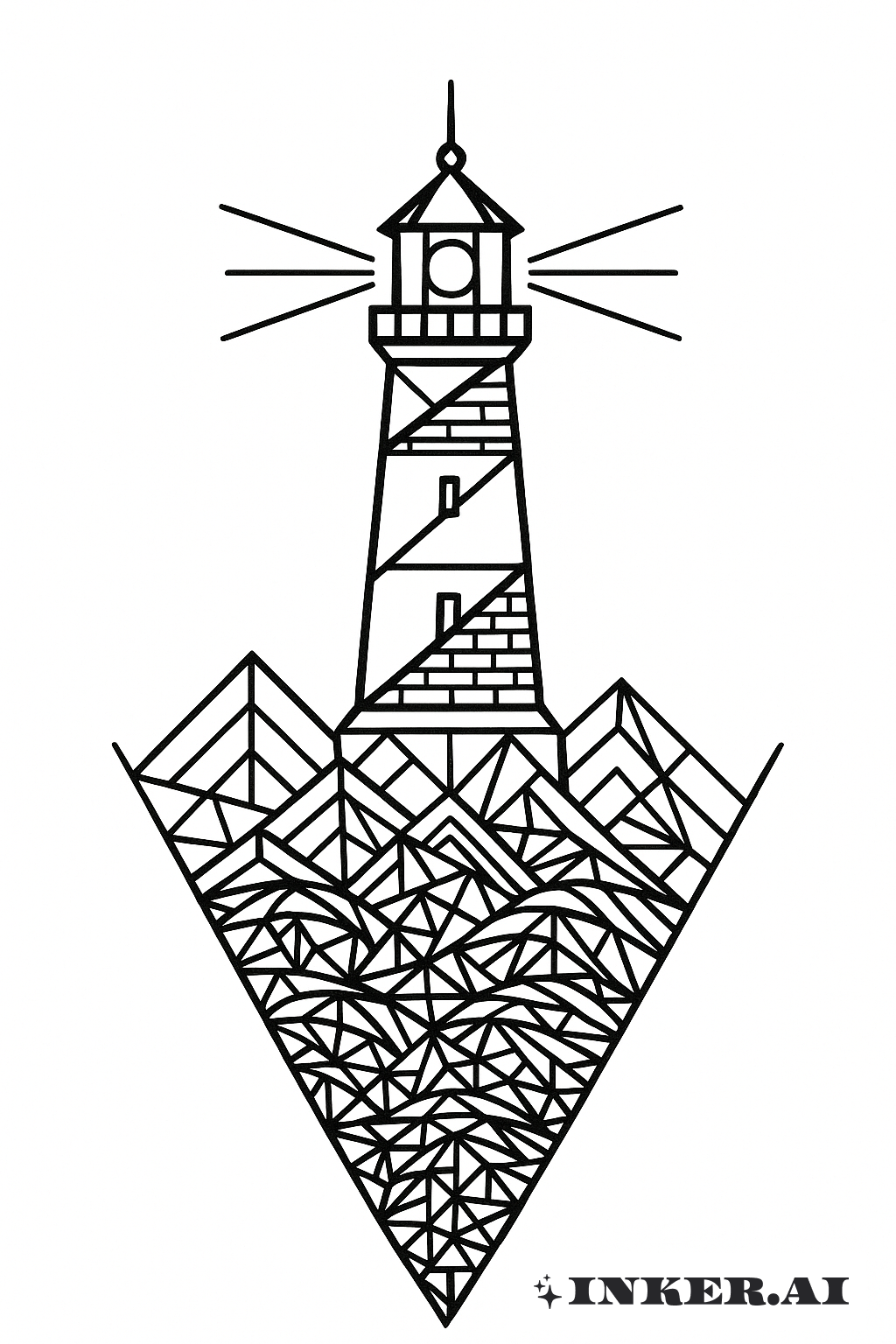 Phare au-dessus d'un motif de vagues géométriques