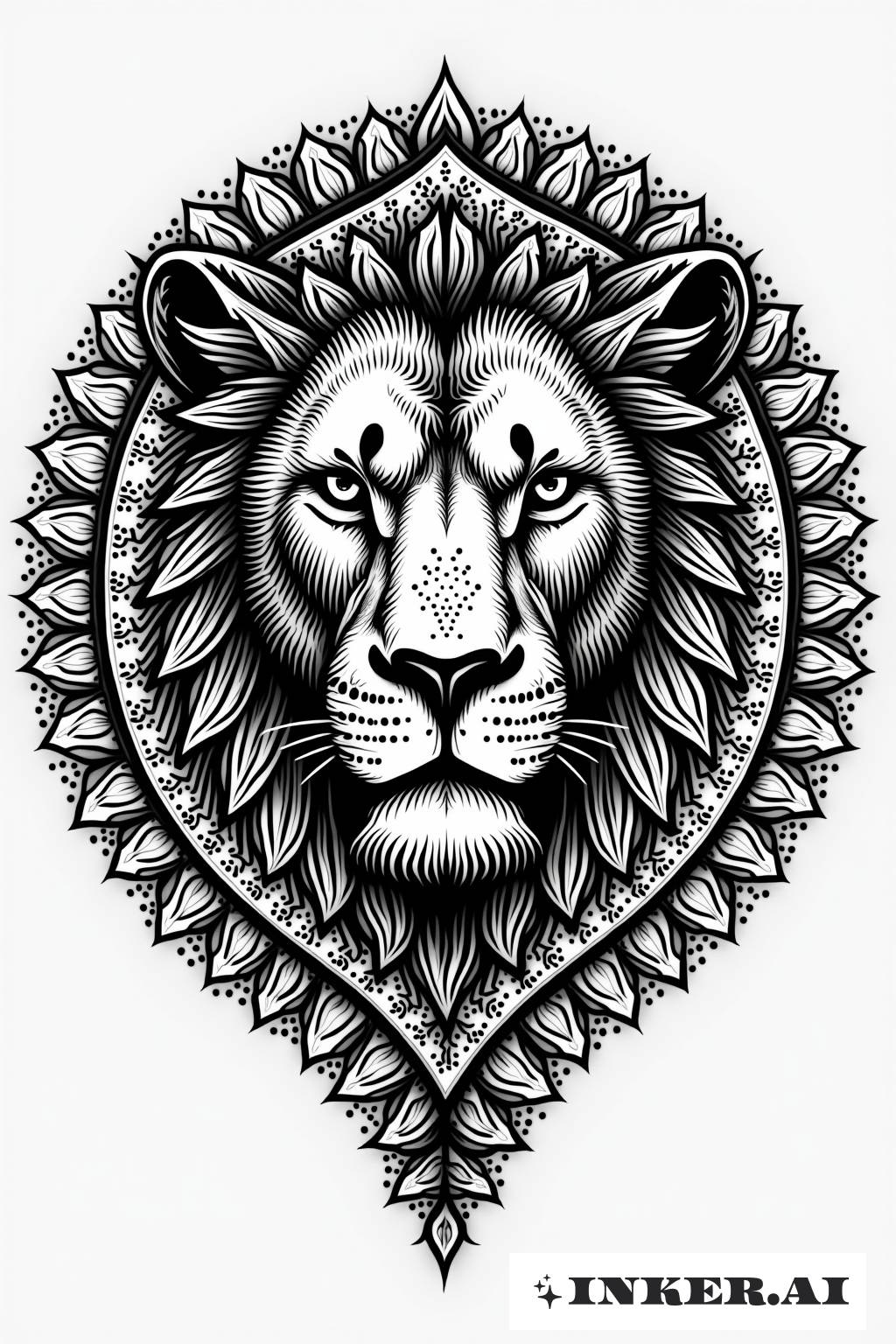 Un tatuaje de cabeza de león muy detallado que presenta elementos geométricos y de mandala en un diseño simétrico, combinando arte con simbolismo.