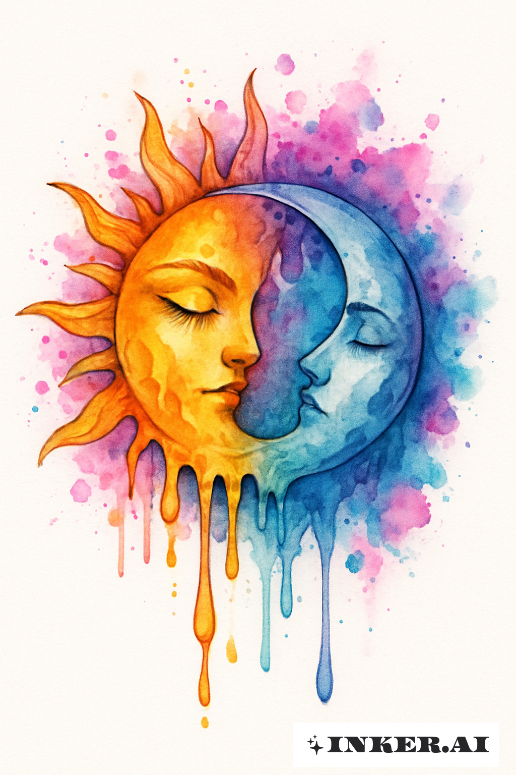 水彩色で溶ける太陽と月