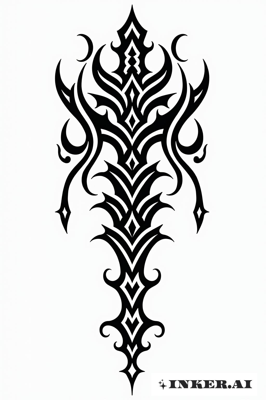 A detailed dragon spine tattoo with intricate tribal patterns.