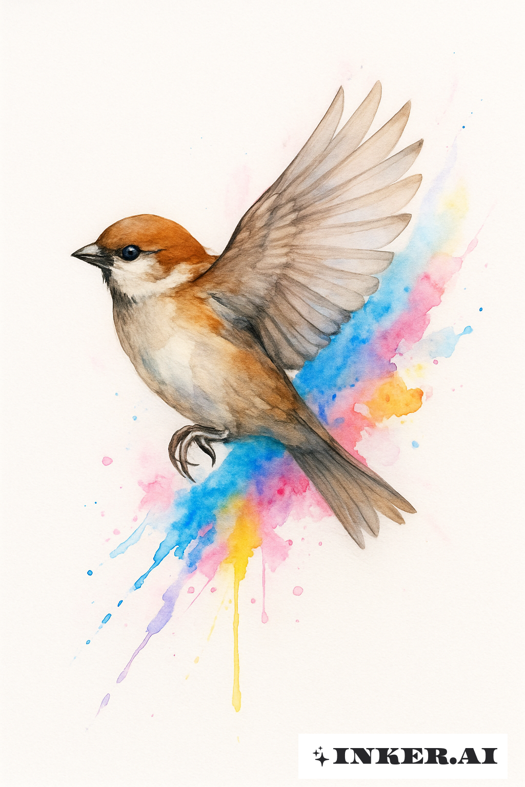 Flying Sparrow With A Color Splash Trail