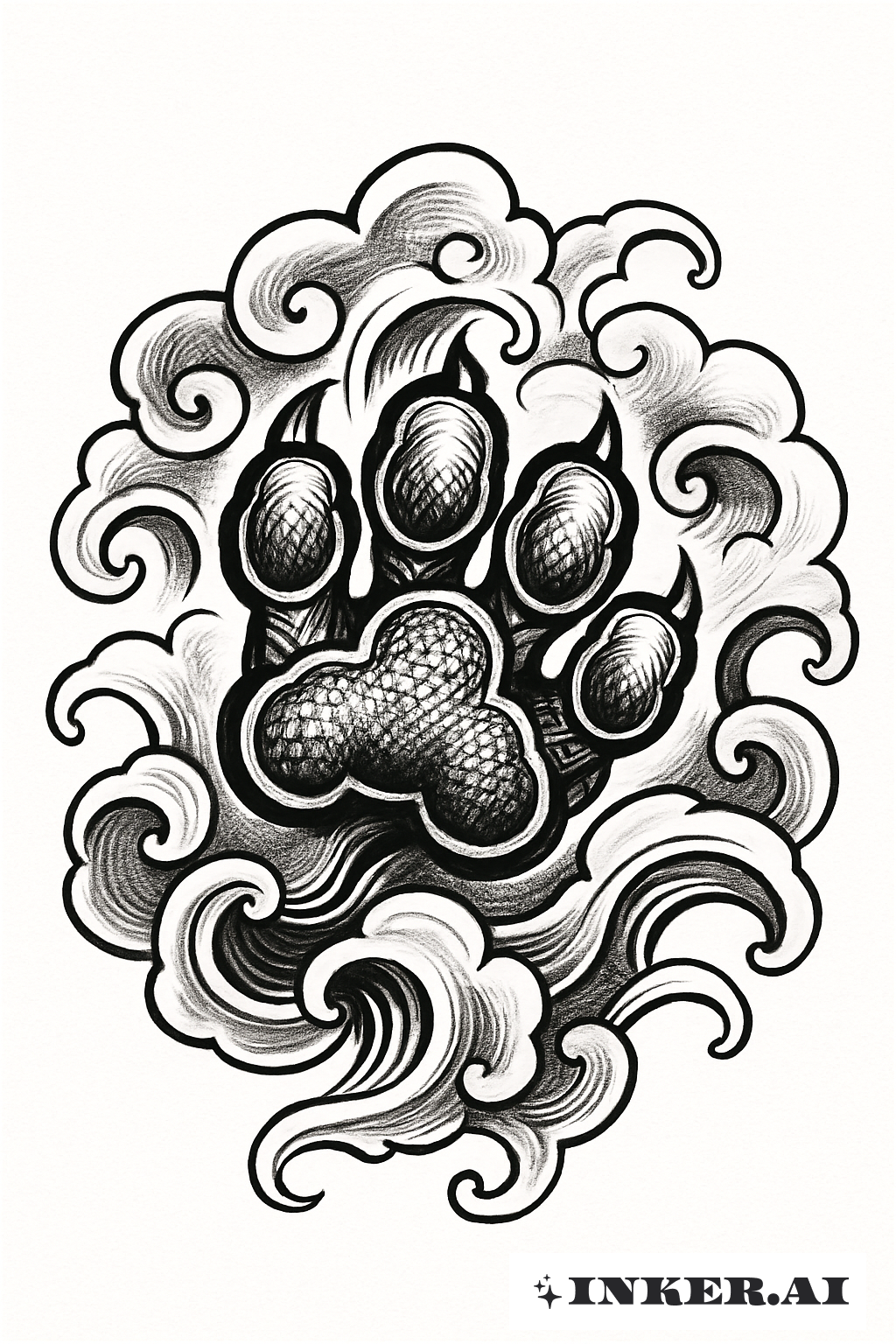 Style esquisse Patte de Foo Dog japonaise avec nuages