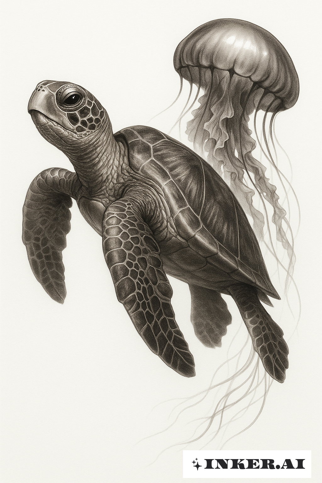 Realistic Sea Turtle And A Drifting Jellyfish