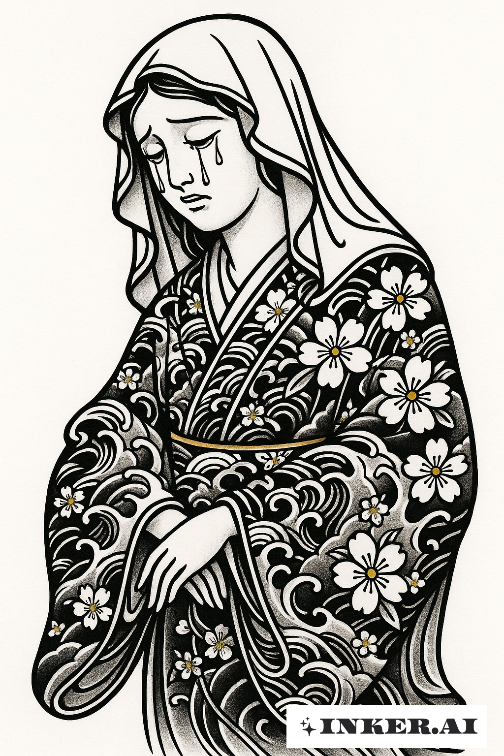 Vierge Marie en Pleurs avec Kimono d'Eau Coulante