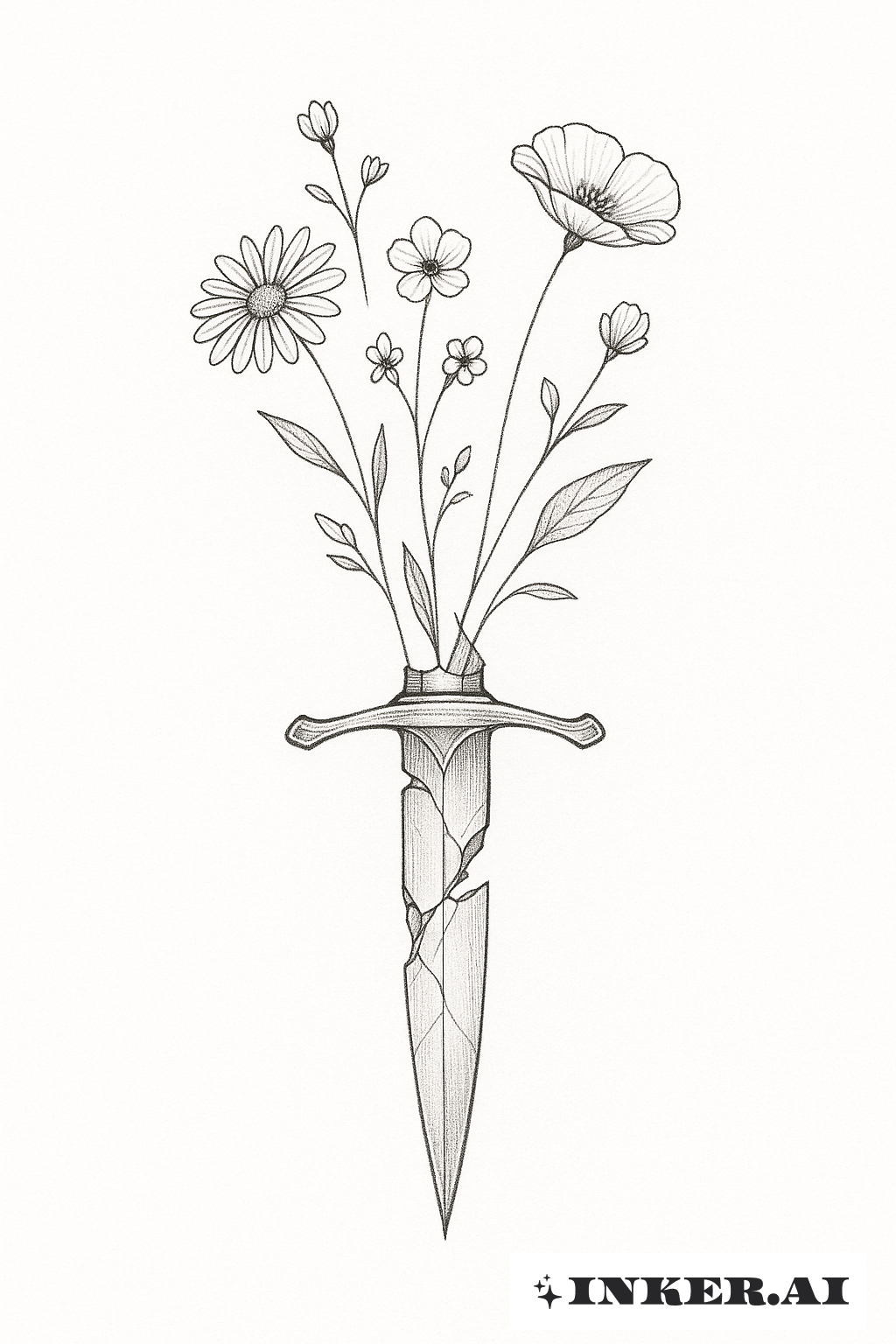 Wildblumen, die aus einem zerbrochenen Dolch sprießen