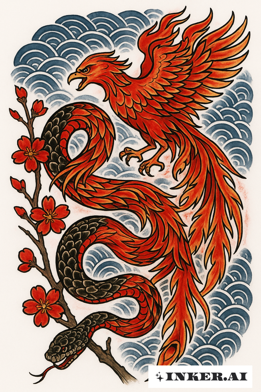 Eine lebendige Darstellung einer Schlange, die sich häutet, um sich in einen Phönix zu verwandeln, dargestellt im traditionellen japanischen Tätowierstil mit detaillierten Details und lebendigen Farben.