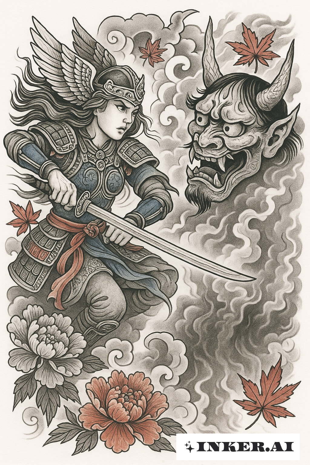 Valkyrie Battling An Oni Demon